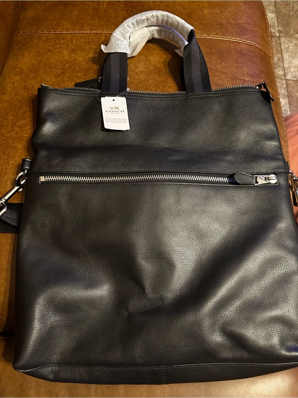 Black Leather Unisex Fold Over Tote with Dual Straps